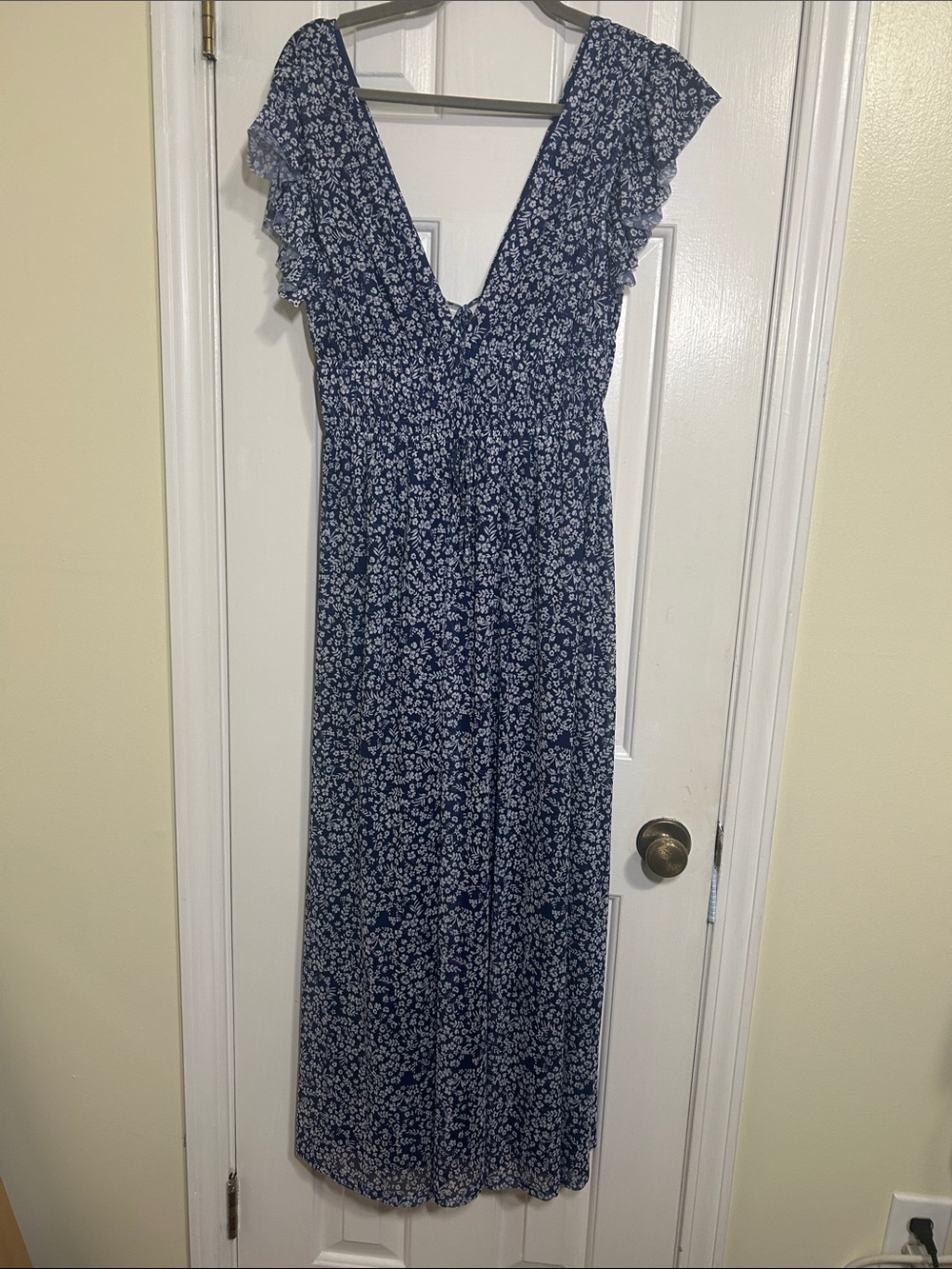 Altar’d State, Women’s Navy Floral Maxi Dress - V-Neck Ruffle Sleeves, Size M